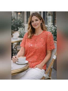 Coral Lace Blouse Cottagecore Romantic Top Feminine Chic Brunch Outfit